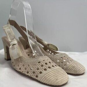 Christian Dior & Moi Women's Mesh Square Toe Lace Sling-back Beige Pumps Size 36